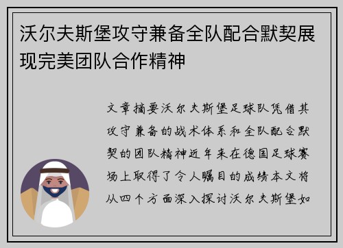 沃尔夫斯堡攻守兼备全队配合默契展现完美团队合作精神