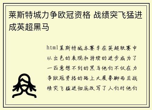 莱斯特城力争欧冠资格 战绩突飞猛进成英超黑马