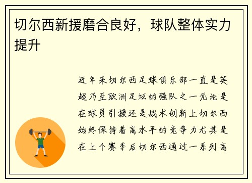 切尔西新援磨合良好，球队整体实力提升