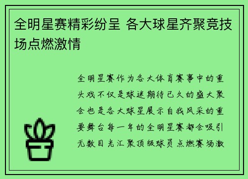 全明星赛精彩纷呈 各大球星齐聚竞技场点燃激情