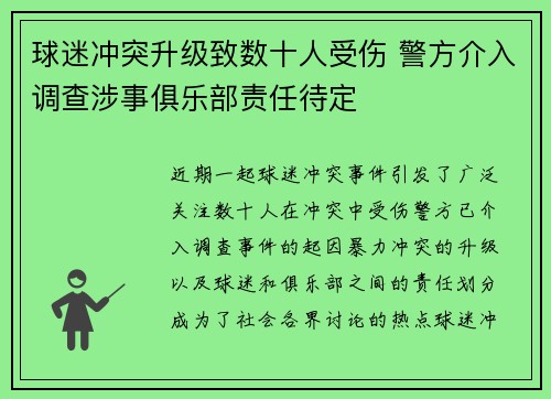 球迷冲突升级致数十人受伤 警方介入调查涉事俱乐部责任待定