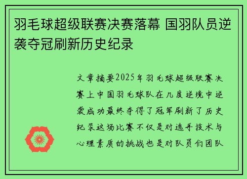 羽毛球超级联赛决赛落幕 国羽队员逆袭夺冠刷新历史纪录